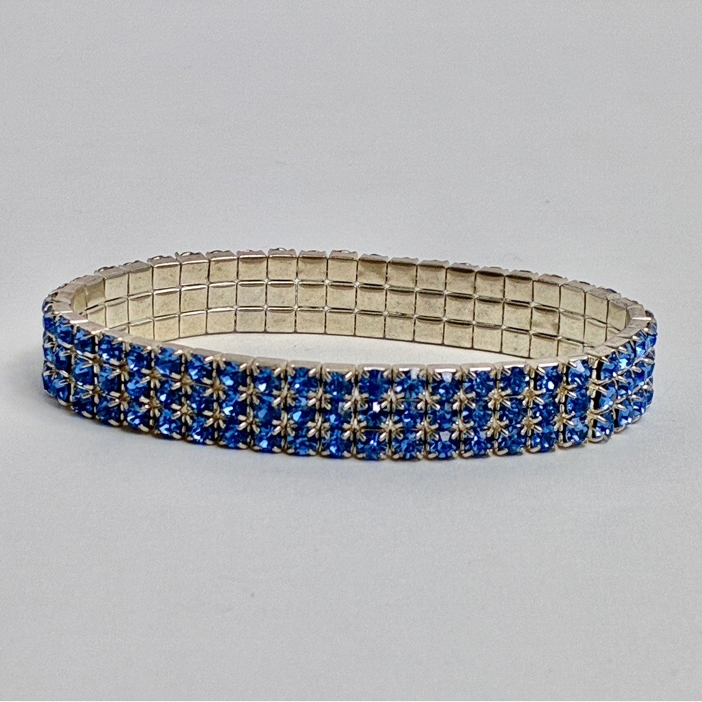 Blue Rhinestone Bracelet Three Row Expansion Band 7 Inch Stretchy - Picture 10 of 10
